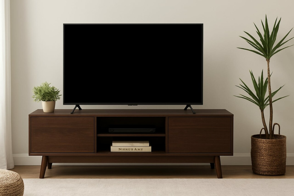 A modern TV stand featuring two plants, adding a touch of greenery to the contemporary decor.
