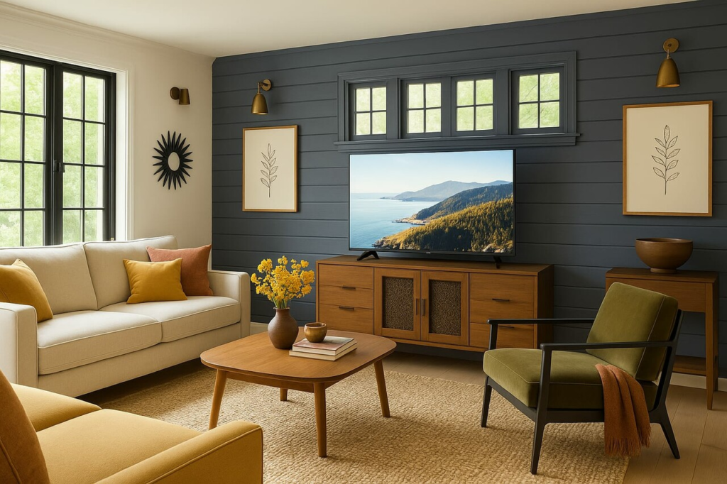 A living room featuring a TV stand complemented by vibrant yellow accents throughout the decor.