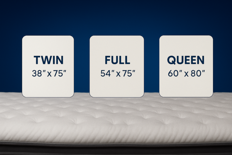 Mattress size comparison chart showing dimensions for Twin (38"x75"), Full (54"x75"), and Queen (60"x80") on a white mattress with a dark blue background.