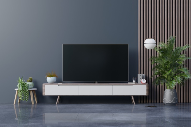 Modern TV stand with decorative plants on top and a larger plant on the floor beside it.
