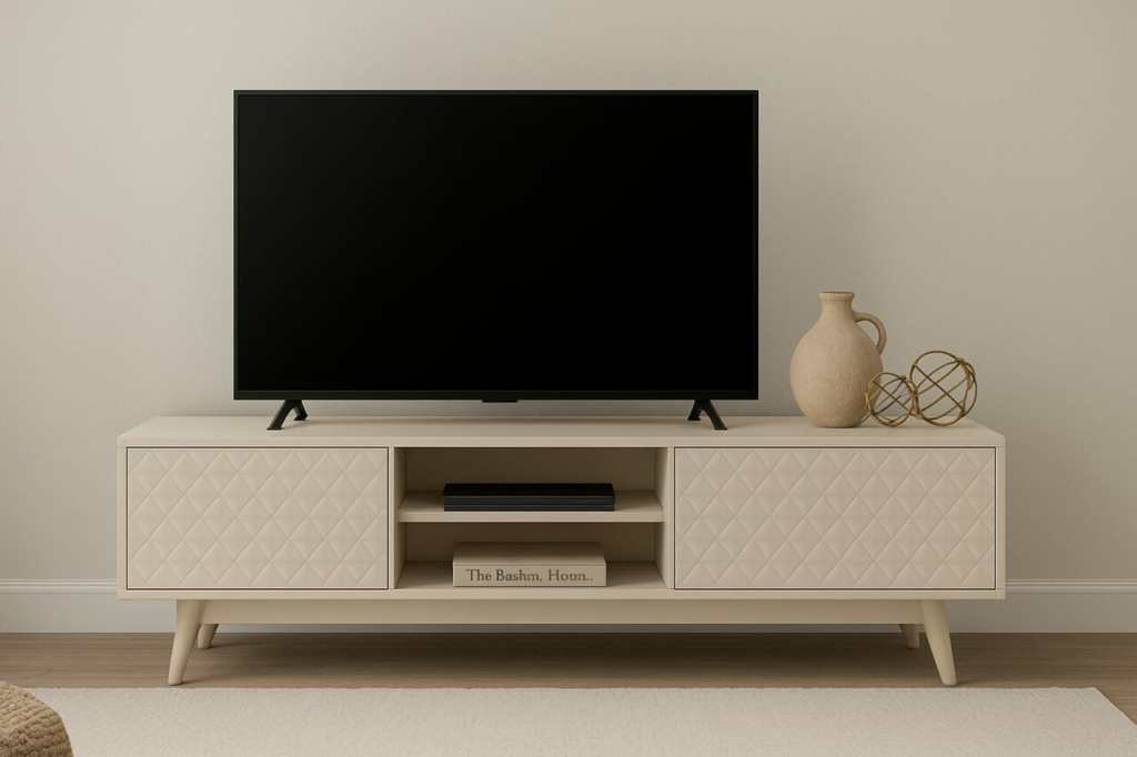 A white TV stand displaying a black flat-screen television on top.