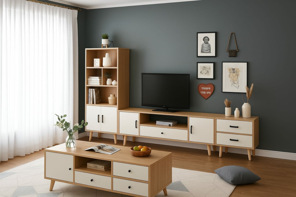 A cozy living room featuring a couch, coffee table, and a television against a neutral wall.