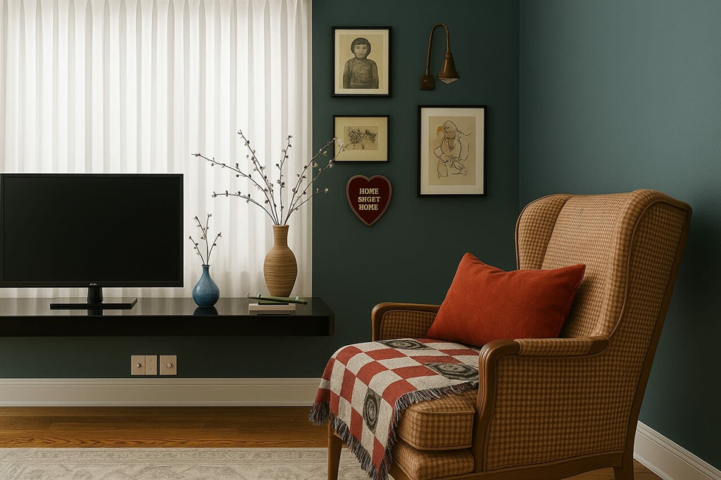 A stylish living room showcasing a chair, a television, and various pictures hanging on the walls.