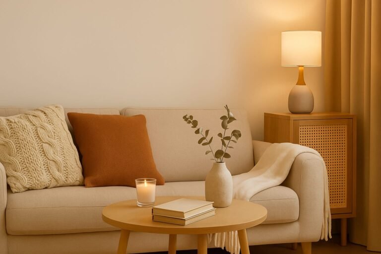 Cozy living room with beige sofa, warm pillows, lit candle, books, and soft lamp lighting. Neutral tones create a calm, minimalist, and inviting space.