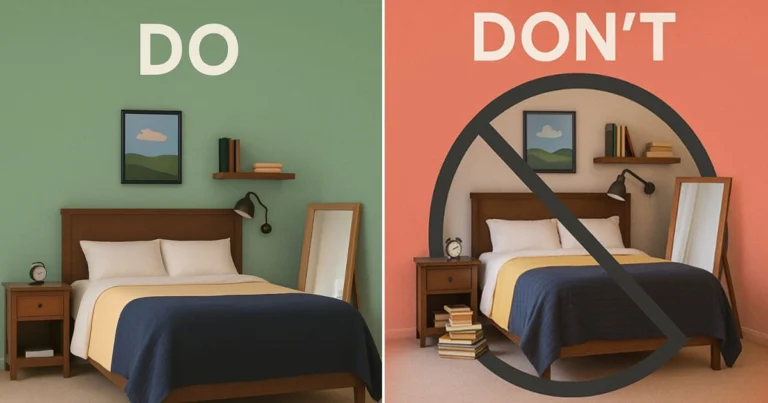 Side by side comparison of bedroom designs labeled "Do" and "Don't" left side shows a tidy setup with balance, right side shows clutter and poor decor choices.