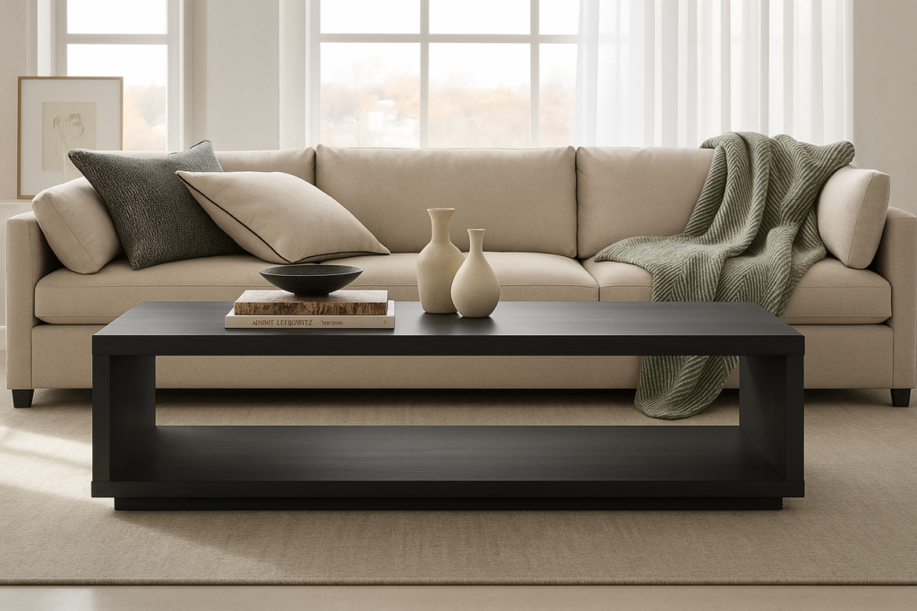 Beige sofa with a brown coffee table, showing cozy ambience