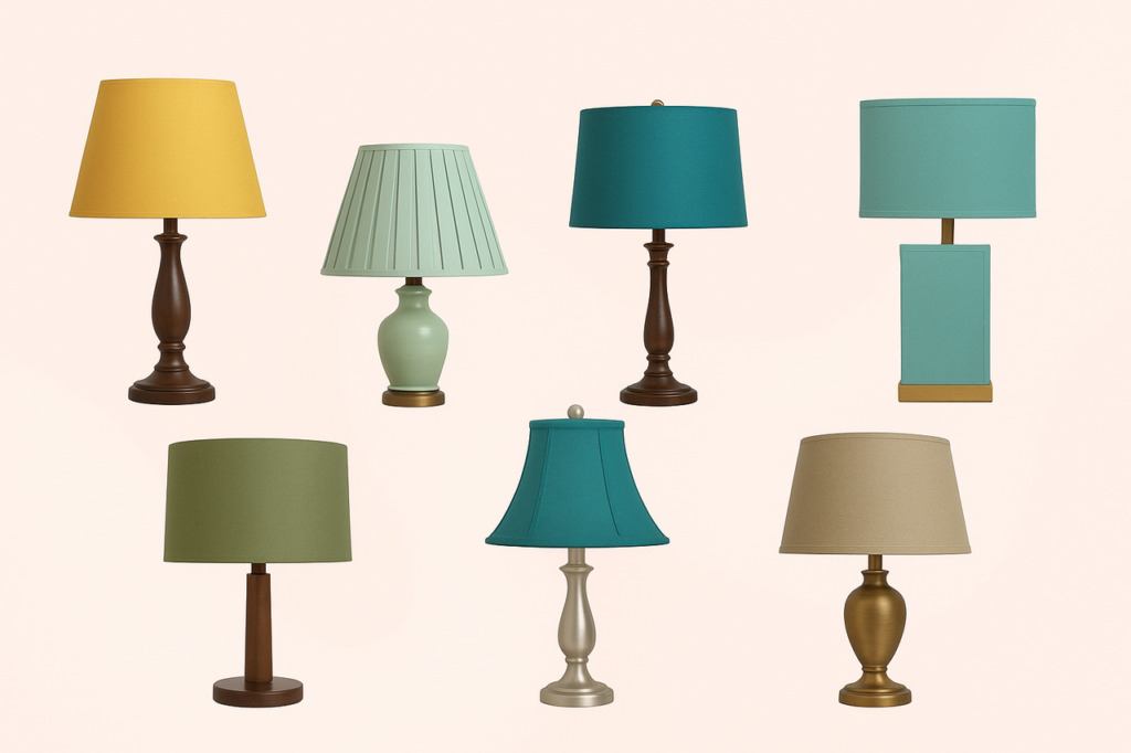 7 lamp shades of different colors and sizes