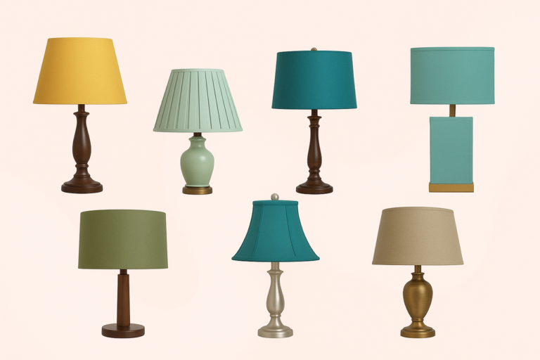 7 lamp shades of different colors and sizes