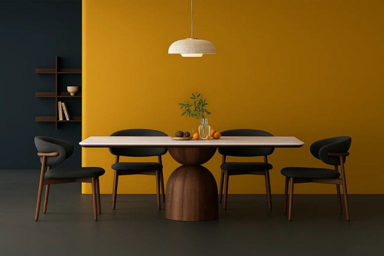 A dining table with chairs set against a bright yellow wall, creating a warm and inviting atmosphere.