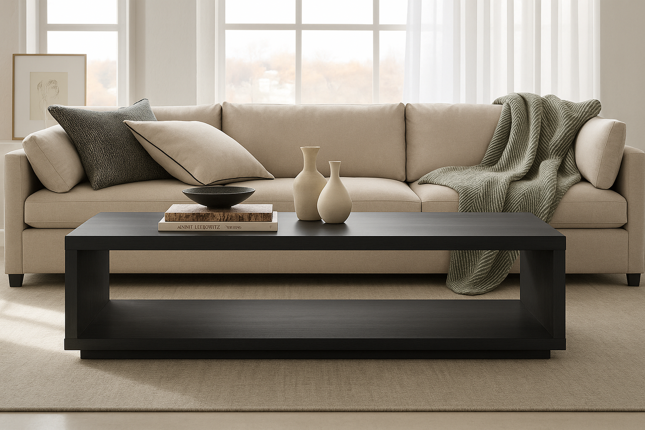 Beige sofa with a brown coffee table, showing cozy ambience