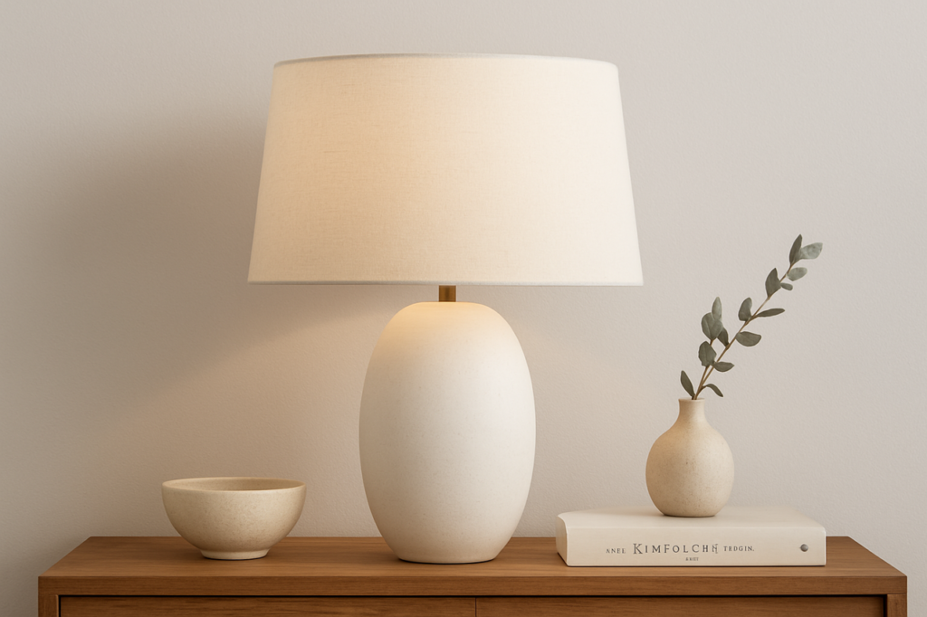 white oval lamp shade with different pots beside it 