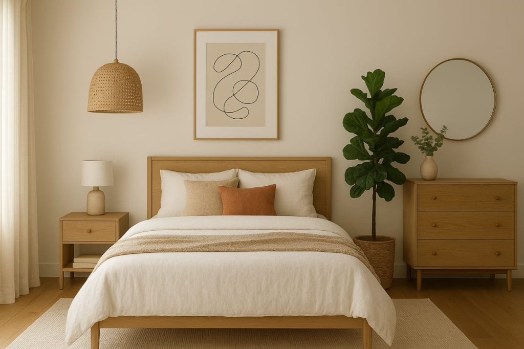 A cozy bedroom featuring a neatly made bed, a dresser, and a mirror reflecting the room's decor.