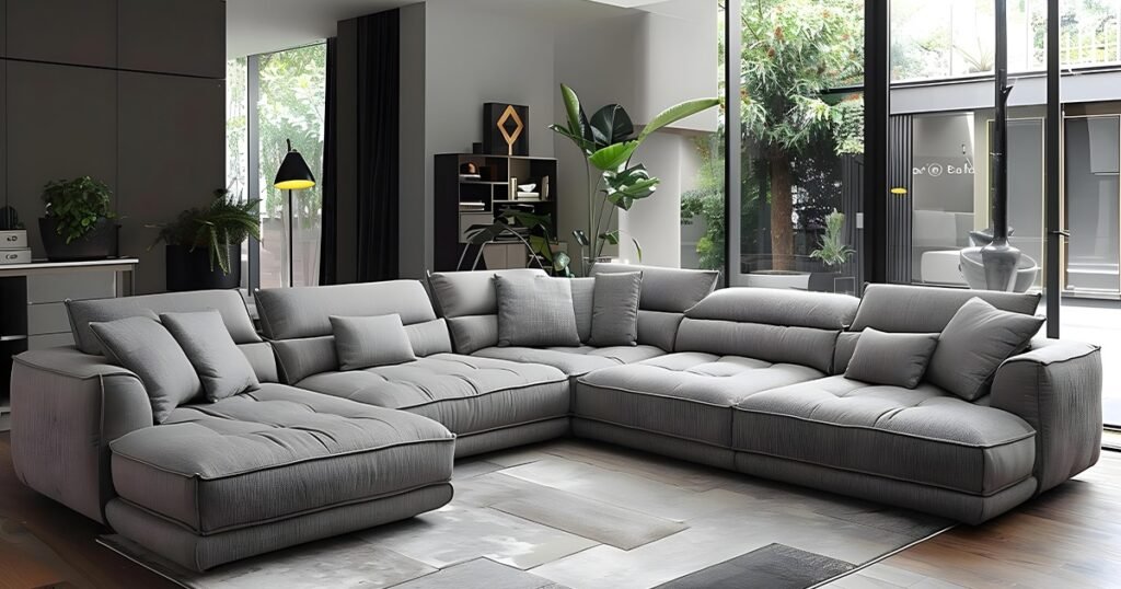 A modern living room featuring a large grey sectional couch with stylish decor and complementary colors.