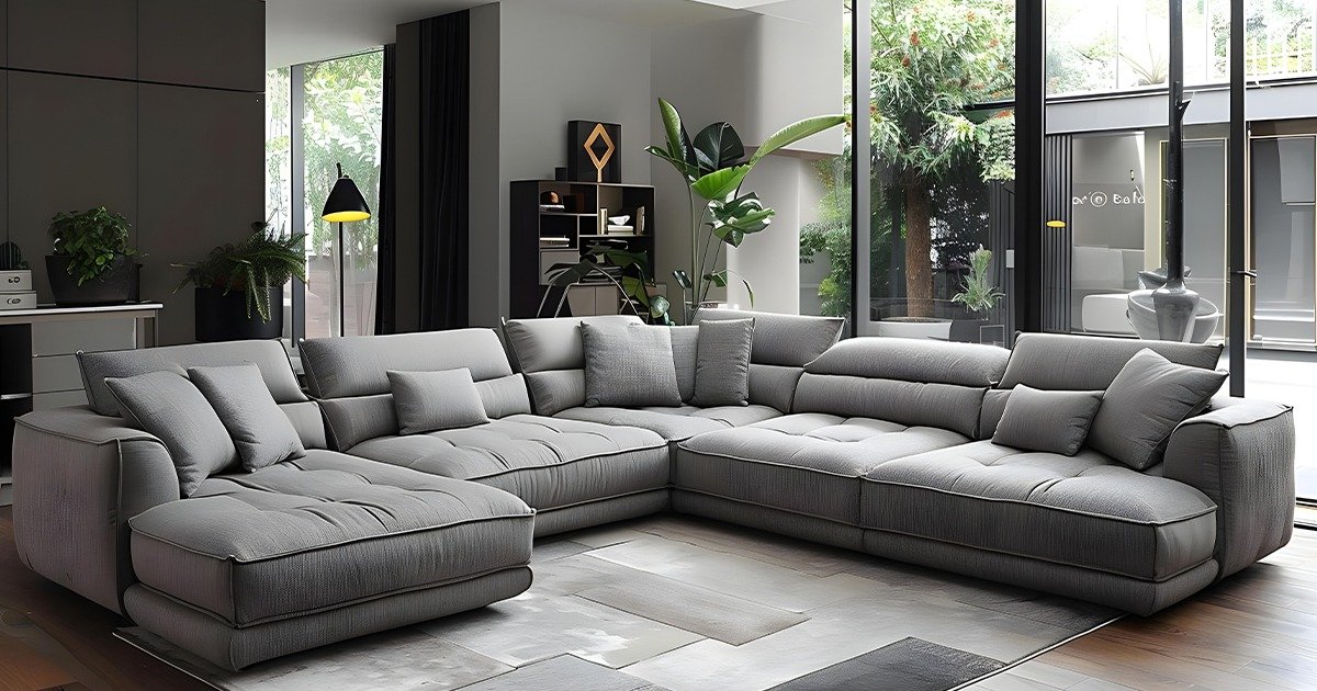 A modern living room featuring a large grey sectional couch with stylish decor and complementary colors.