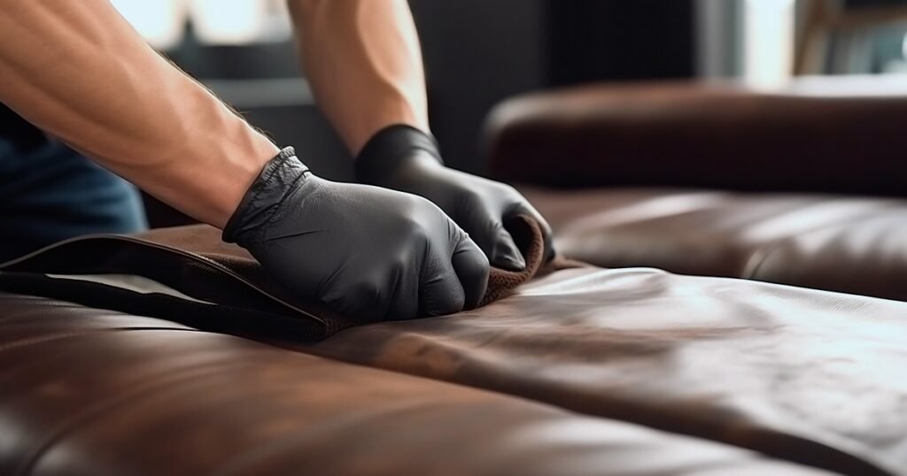 A damaged chair featuring a hole and a crack in the faux leather upholstery, illustrating repair needs.