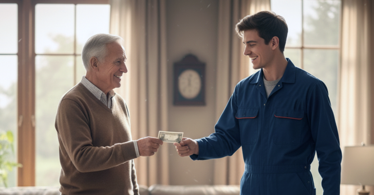 An older man smiles while handing cash to a repair worker in a blue uniform, showing friendly appreciation.