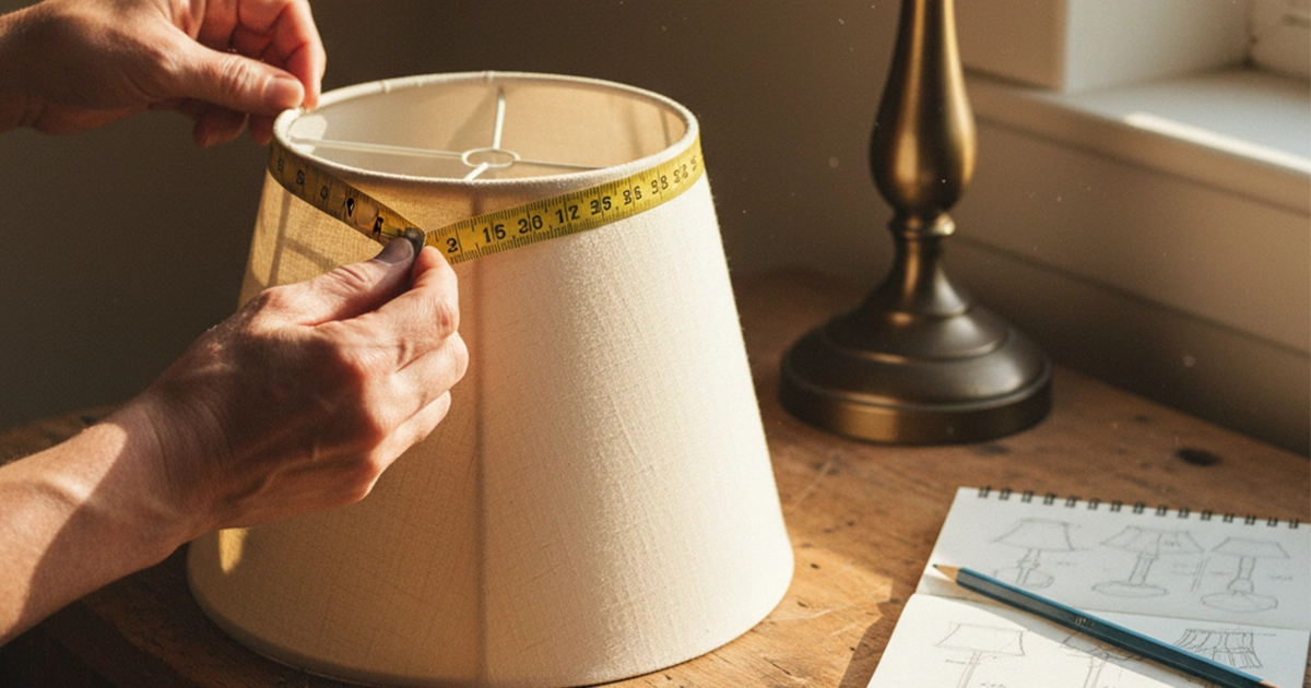 Hands use measuring tape around lampshade on wooden desk