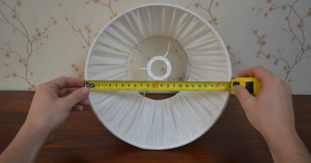 Tape measures lampshade bottom width on workbench