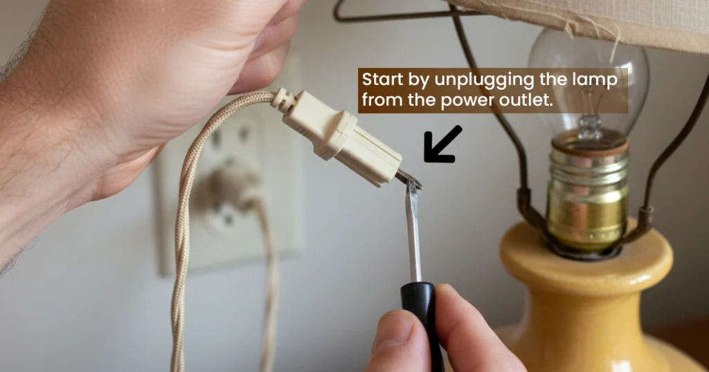 Unplugging and disassembling a lamp with a screwdriver