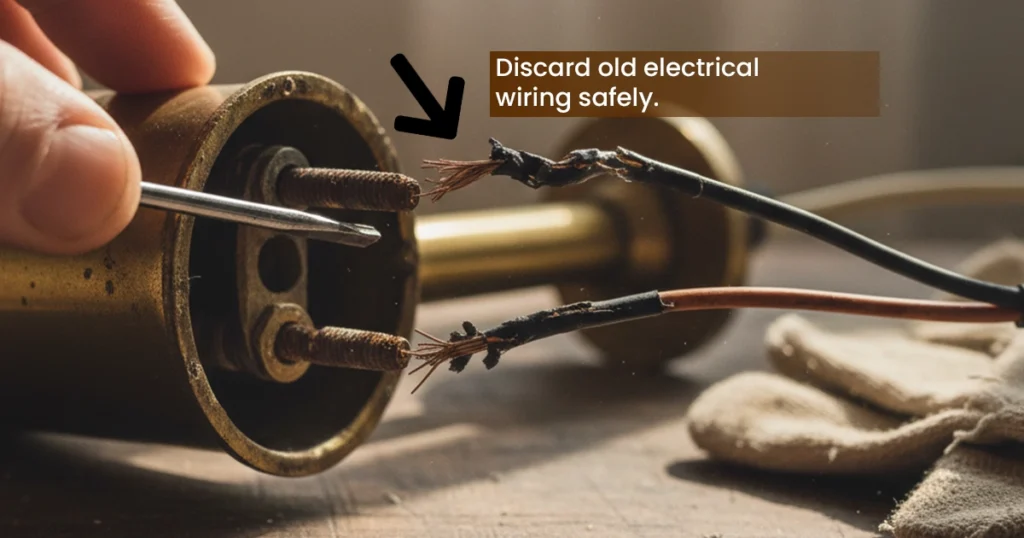 Removing old wiring from a lamp with a screwdriver.