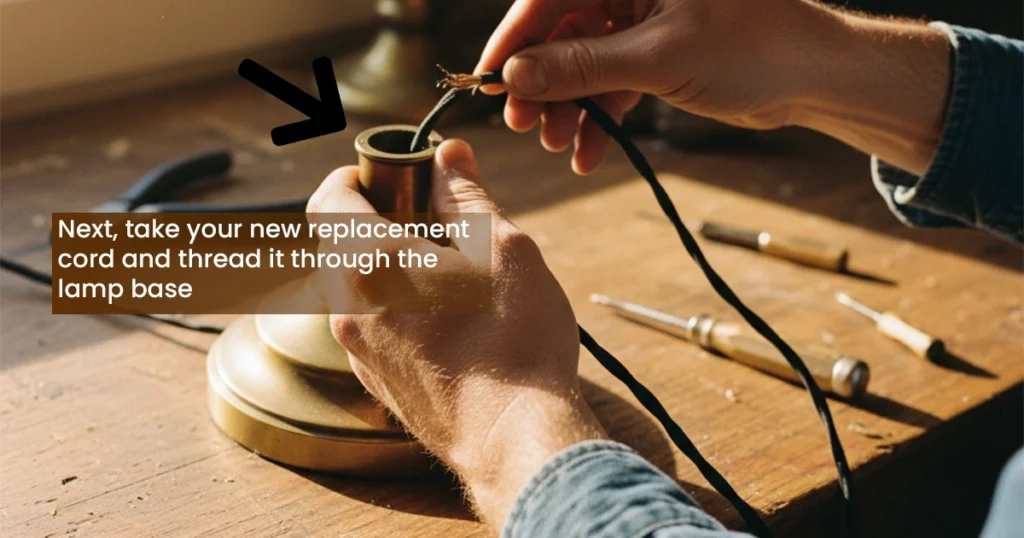Preparing and installing a new cord into a lamp base.