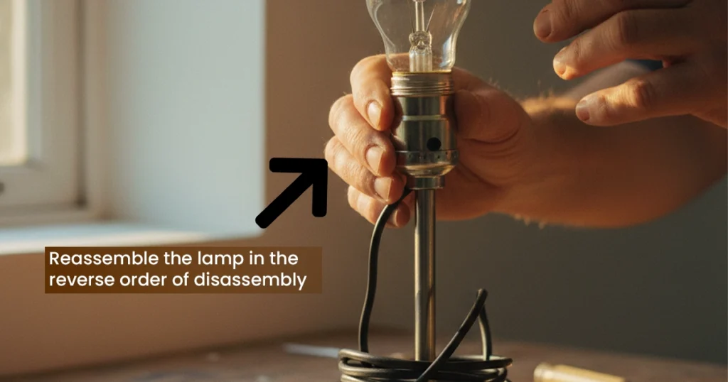 Reassembling a lamp by attaching the socket and wiring.