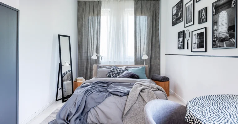 F-Cozy small bedroom with simple decor and mirror