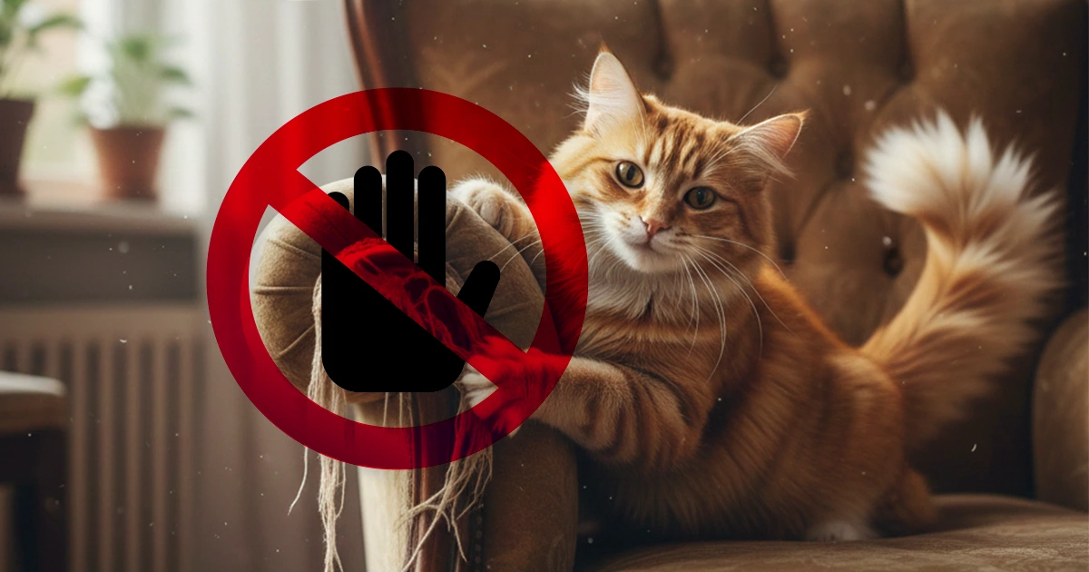 Cat scratching a chair with a prohibition symbol placed over it.