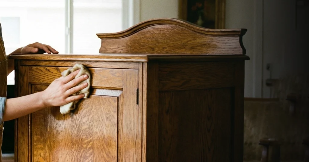 A person is cleaning the wooden surface of a vintage cabinet with a cloth.