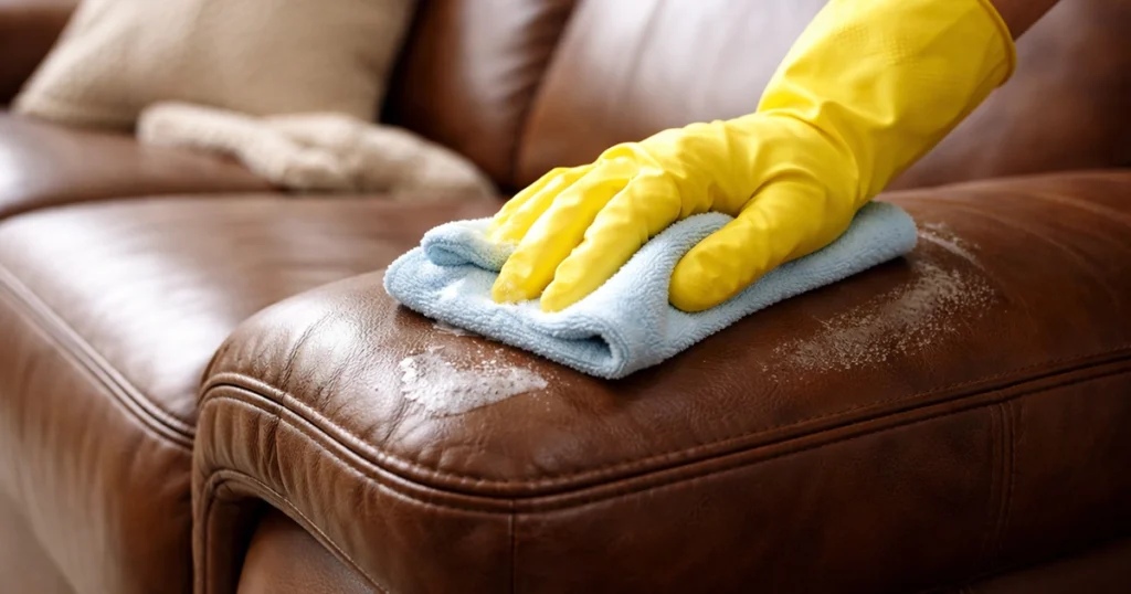 A gloved hand wipes a brown leather sofa with a microfiber cloth.