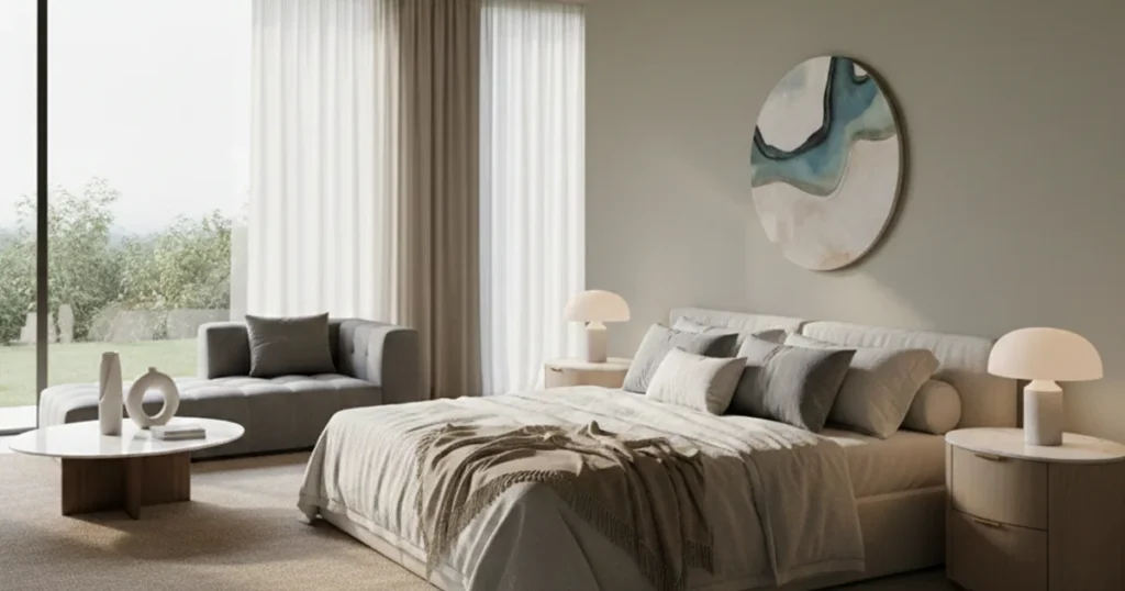Calm modern bedroom with soft neutral décor and large windows.