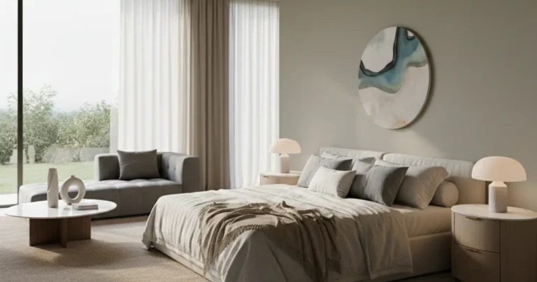 Calm modern bedroom with soft neutral décor and large windows.