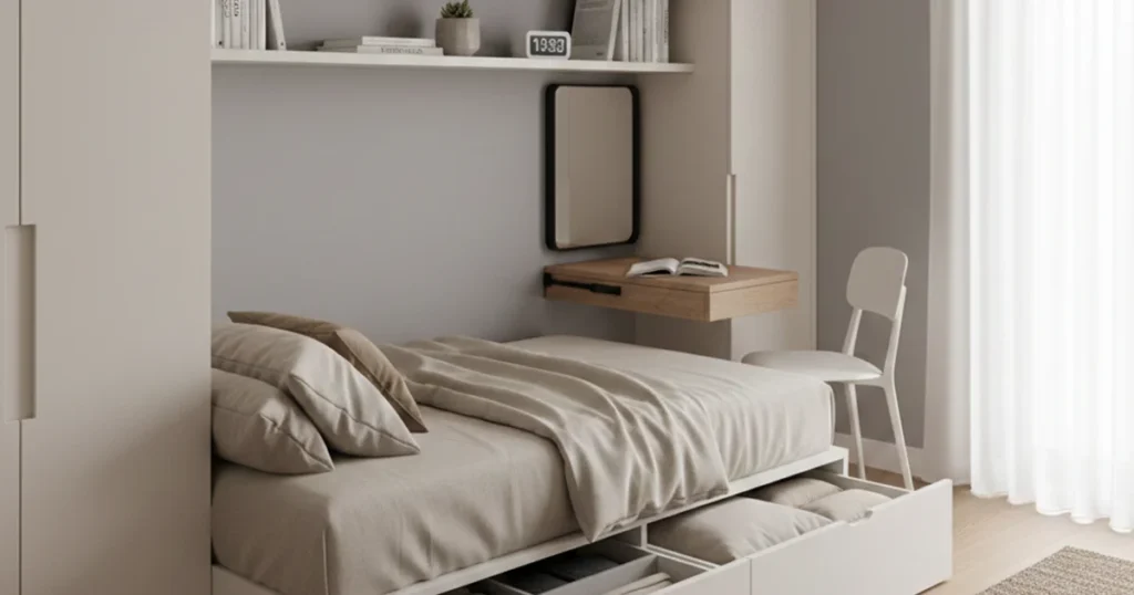 Maximize Small Spaces: Minimalist small bedroom with under-bed storage and wall desk.