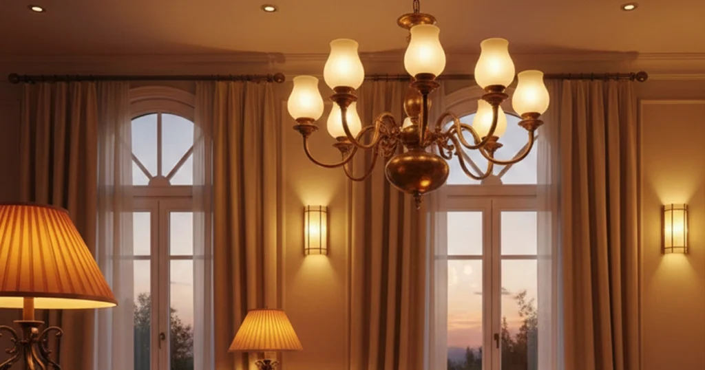  Warm ambient lighting with chandelier and lamps creating a cozy living room mood.
