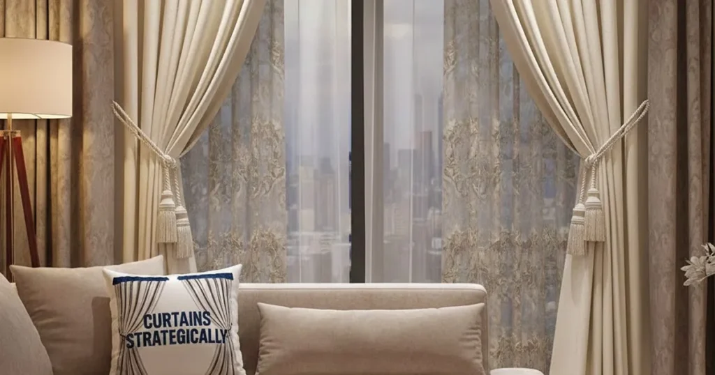 Living room with bold abstract artwork and gold-accented pendant lights.
