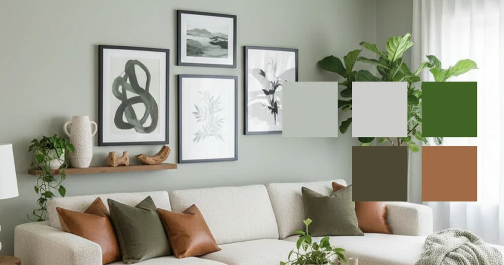 Decorative fireplace wall with displayed books, masks, and pottery.
