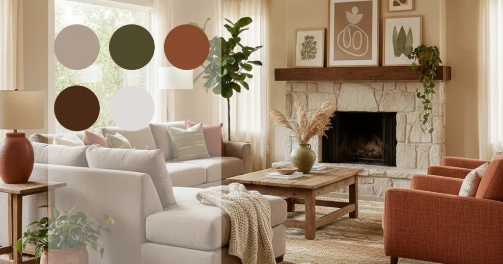 Living room styled with a warm, earthy color palette and neutral decor.
