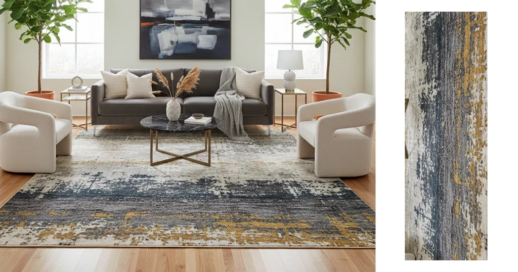 Living room featuring a patterned area rug, white chairs, and a dark gray sofa.
