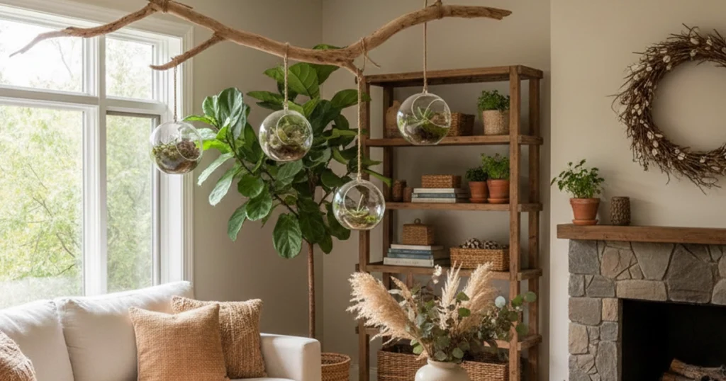  Natural elements like indoor plants, wooden shelves, and organic decor accents.
