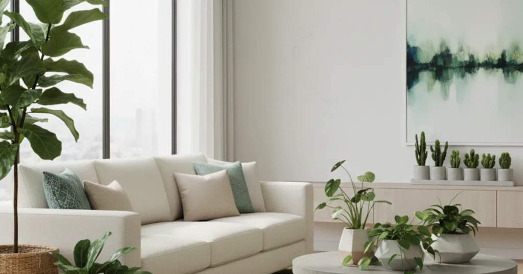 Cozy living room with green sectional sofa, textured pillows, and mixed materials.
