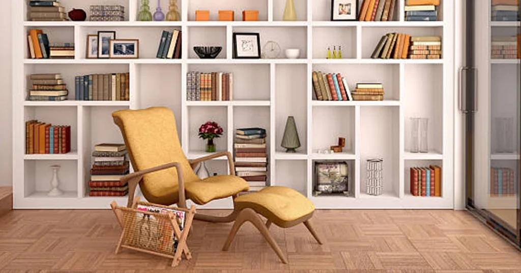 Personal touches with bookshelves, accent chair, and curated decor items.
