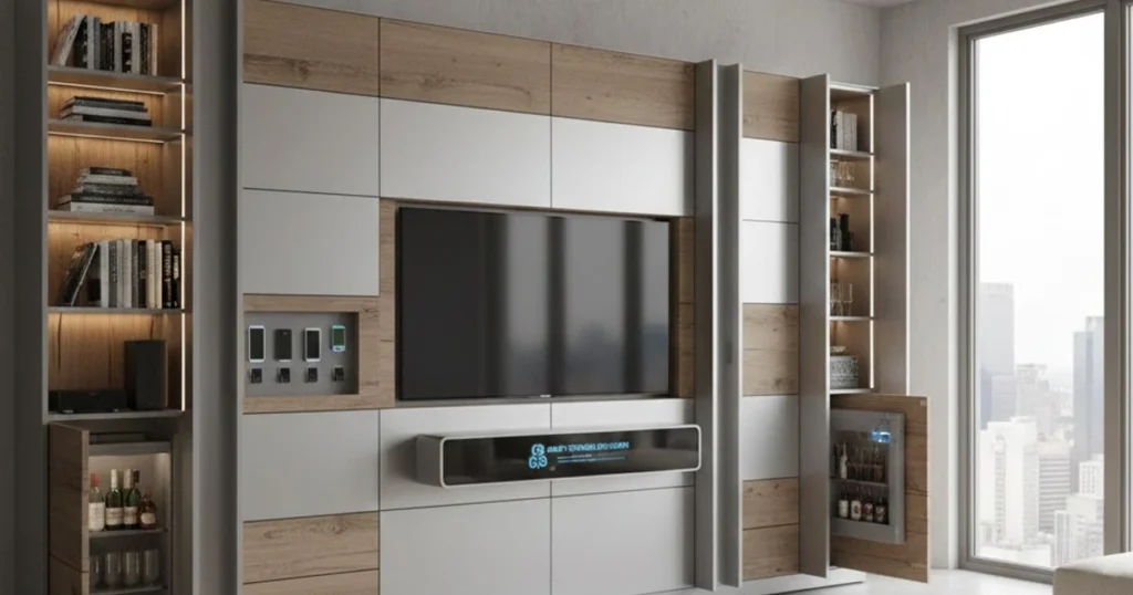 Modern living room with a teal sofa, matching chair, and a patterned rug.
