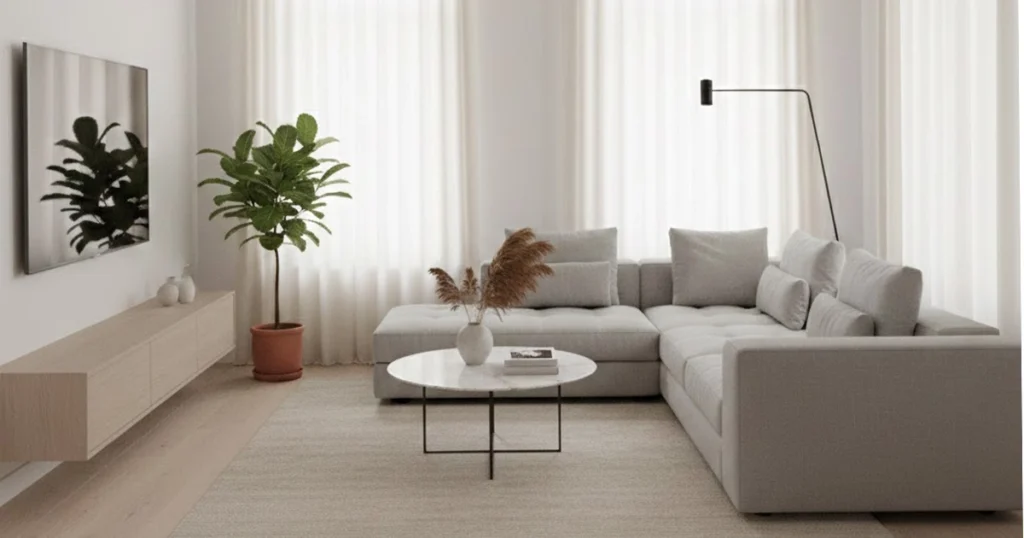 Minimal, clutter-free living room with clean lines and neutral furniture.
