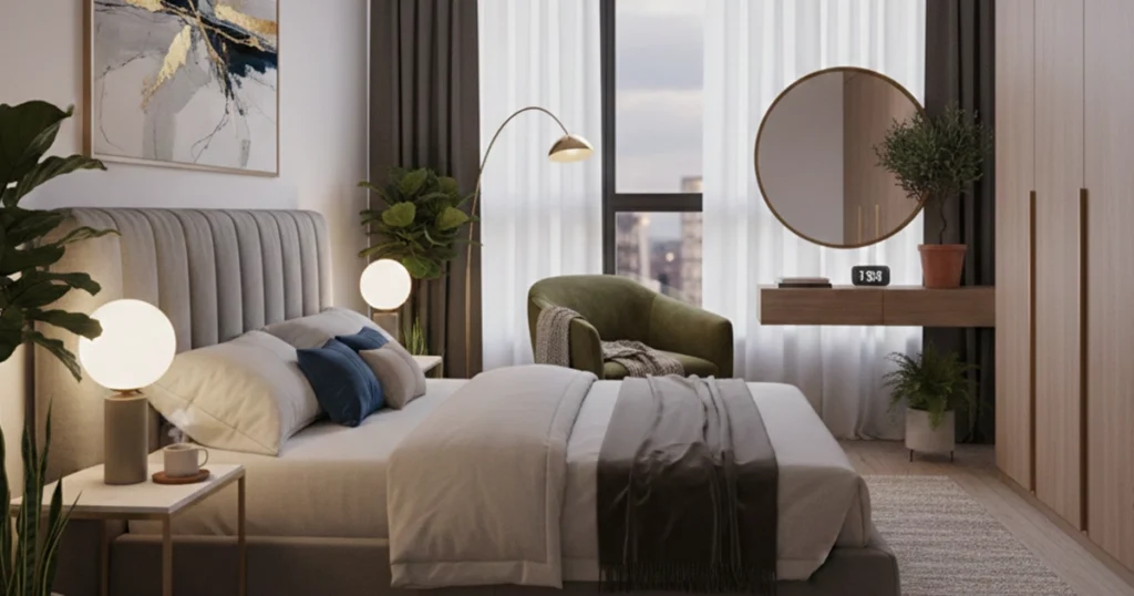 Modern minimalist bedroom interior.