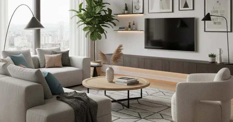 Modern living room with neutral sofas, round wooden table, and wall-mounted TV