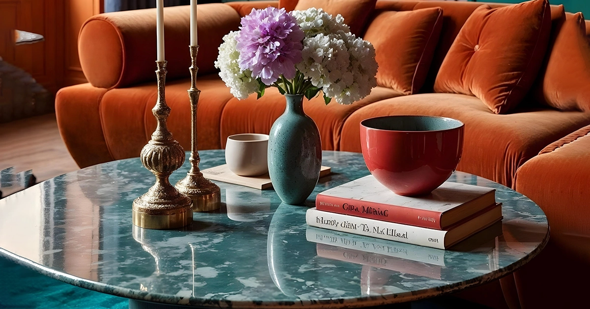 Green marble coffee table with flowers and decor.