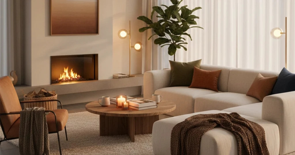 Modern cozy living room with fireplace, soft lighting, and warm accents.