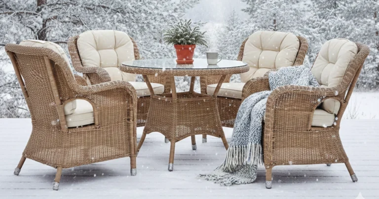 Outdoor wicker dining set with cushioned chairs on a snowy patio.
