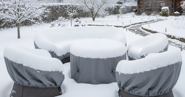 Snow-covered outdoor patio furniture set in a winter garden