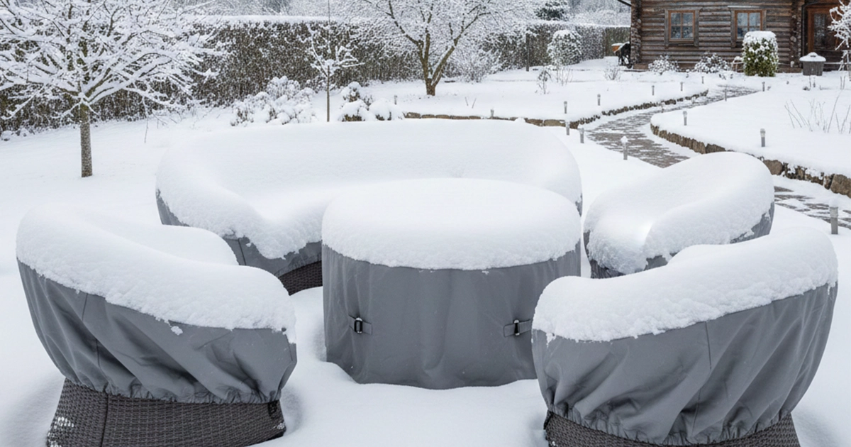 Snow-covered outdoor patio furniture set in a winter garden